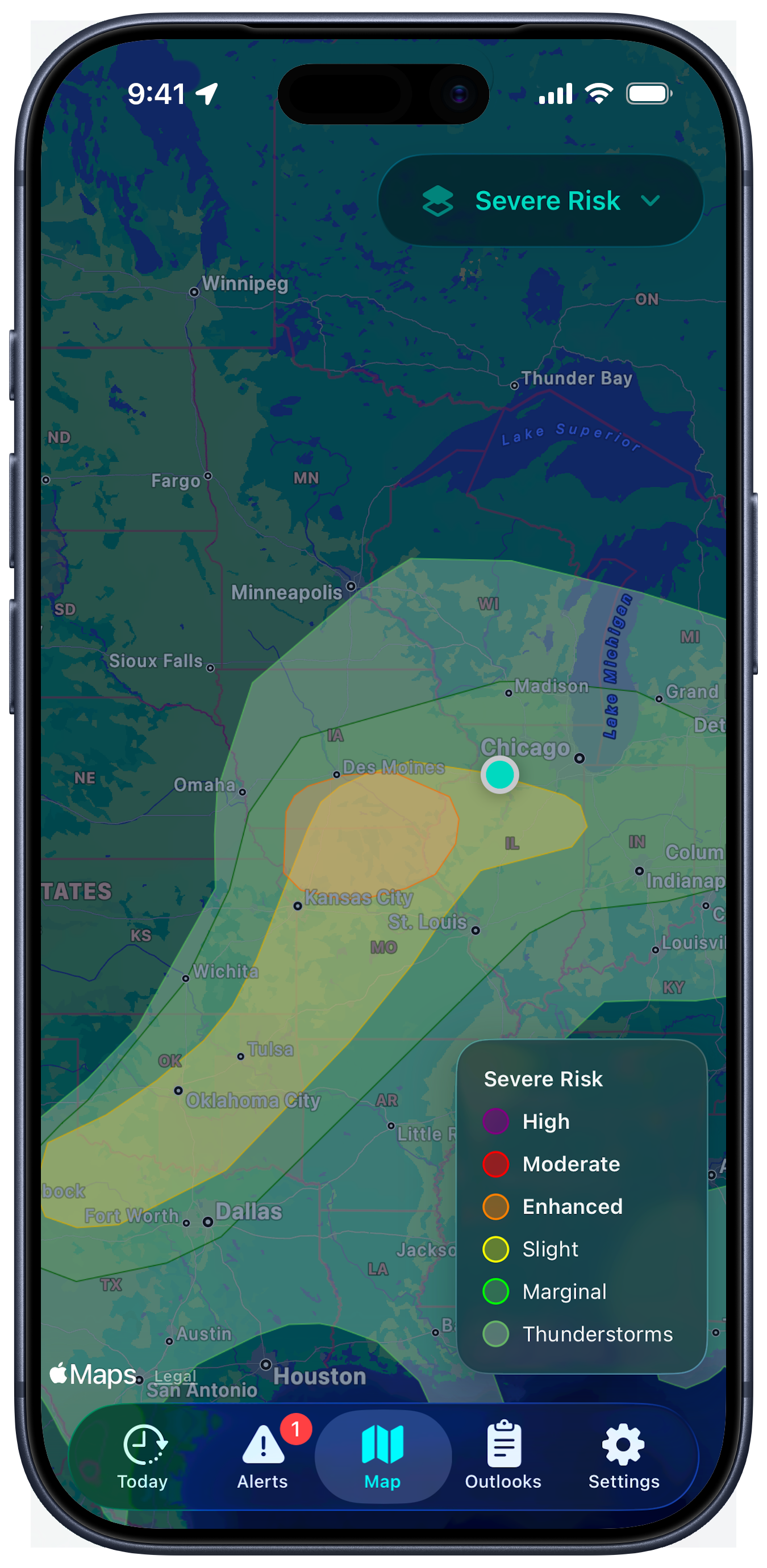 SkyAware app map screen showing severe risk overlays.