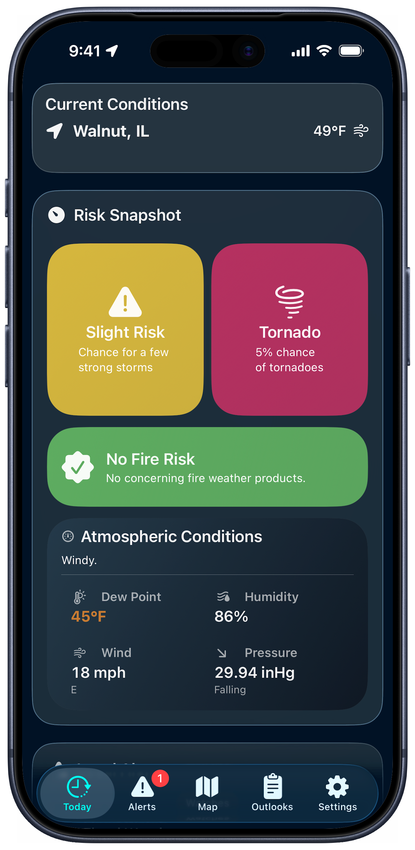 SkyAware app screen showing severe risk summary and risk details.